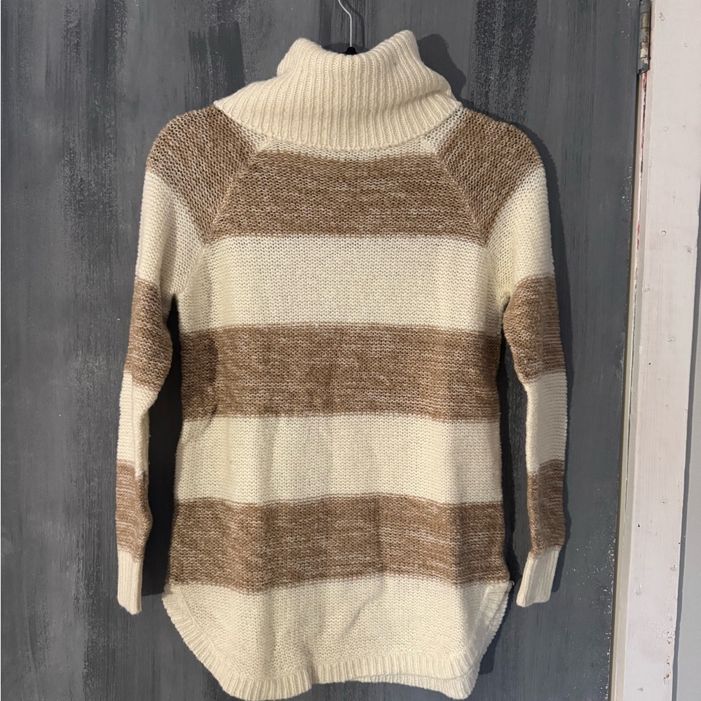 Striped Cream and Brown Turtleneck Sweater